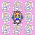 Pastel fantasy character framed by light blue, pink and white Trans Pride colors with the words Fascism’s Not Cute.