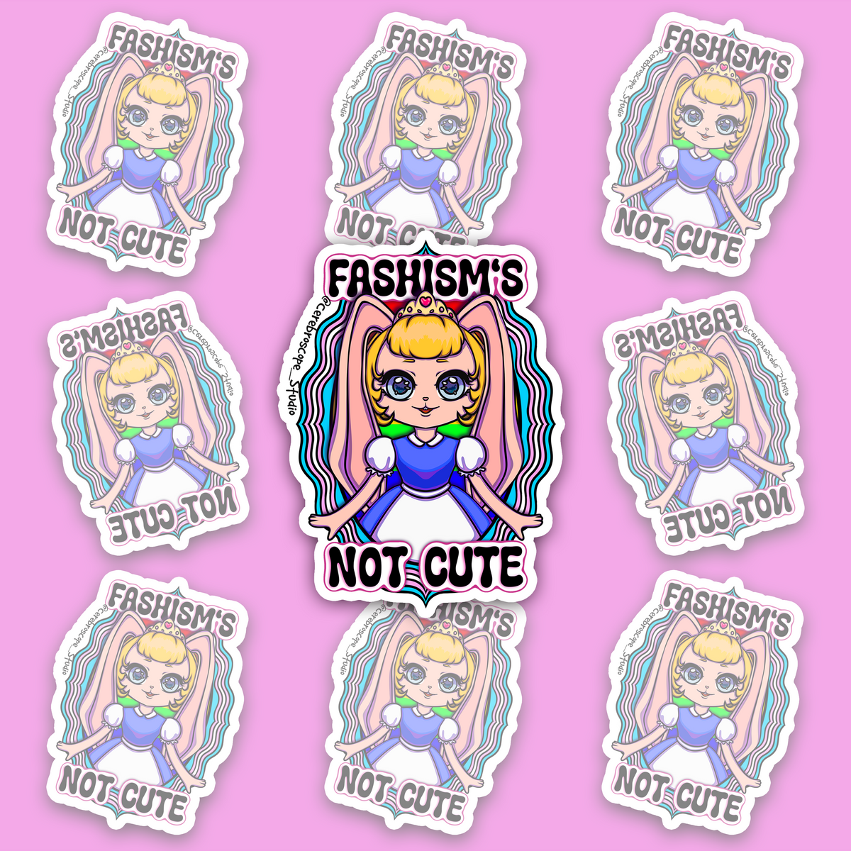 Pastel fantasy character framed by light blue, pink and white Trans Pride colors with the words Fascism’s Not Cute.