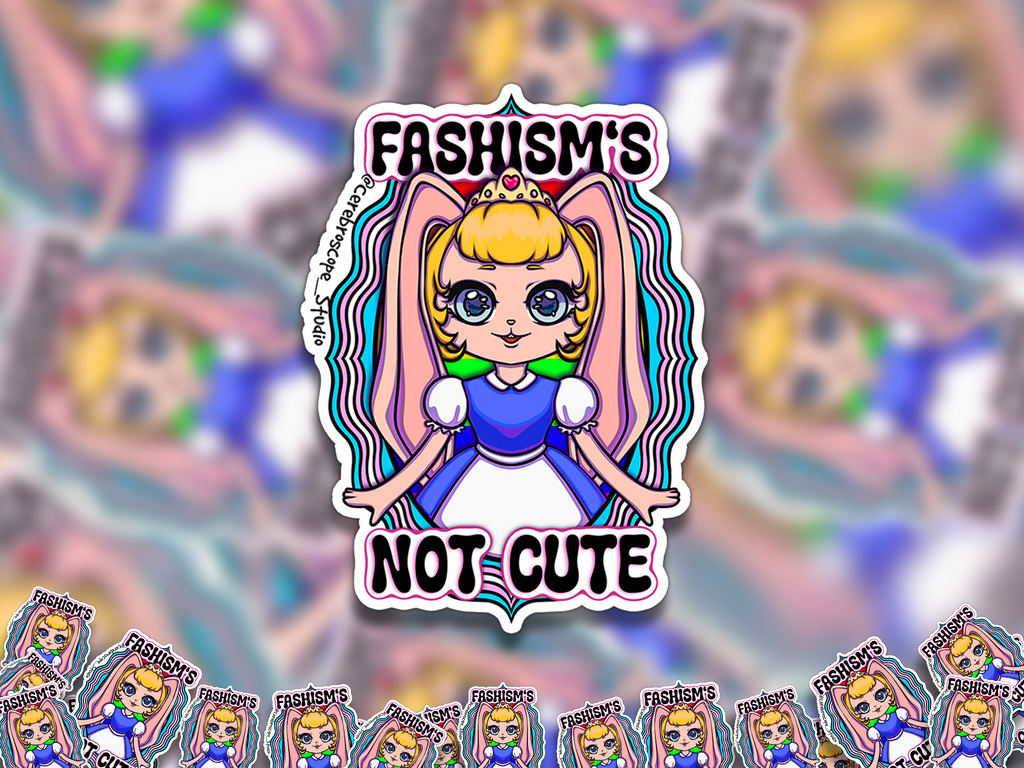 Alternate mockup 2: Pastel fantasy character framed by light blue, pink and white Trans Pride colors with the words Fascism’s Not Cute.
