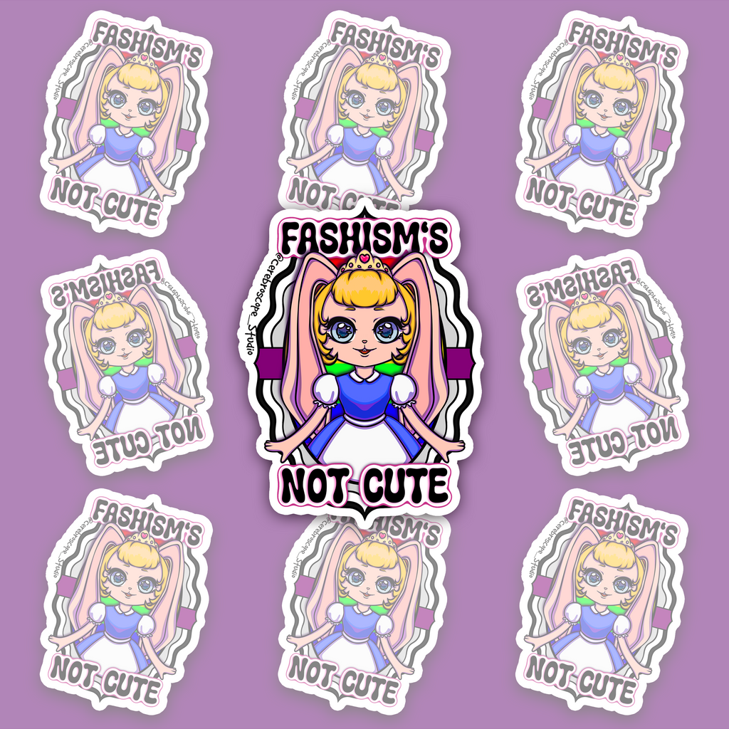 Pastel fantasy character surrounded by black and white wavy bands with a purple horizontal stripe and the words Fascism’s Not Cute.