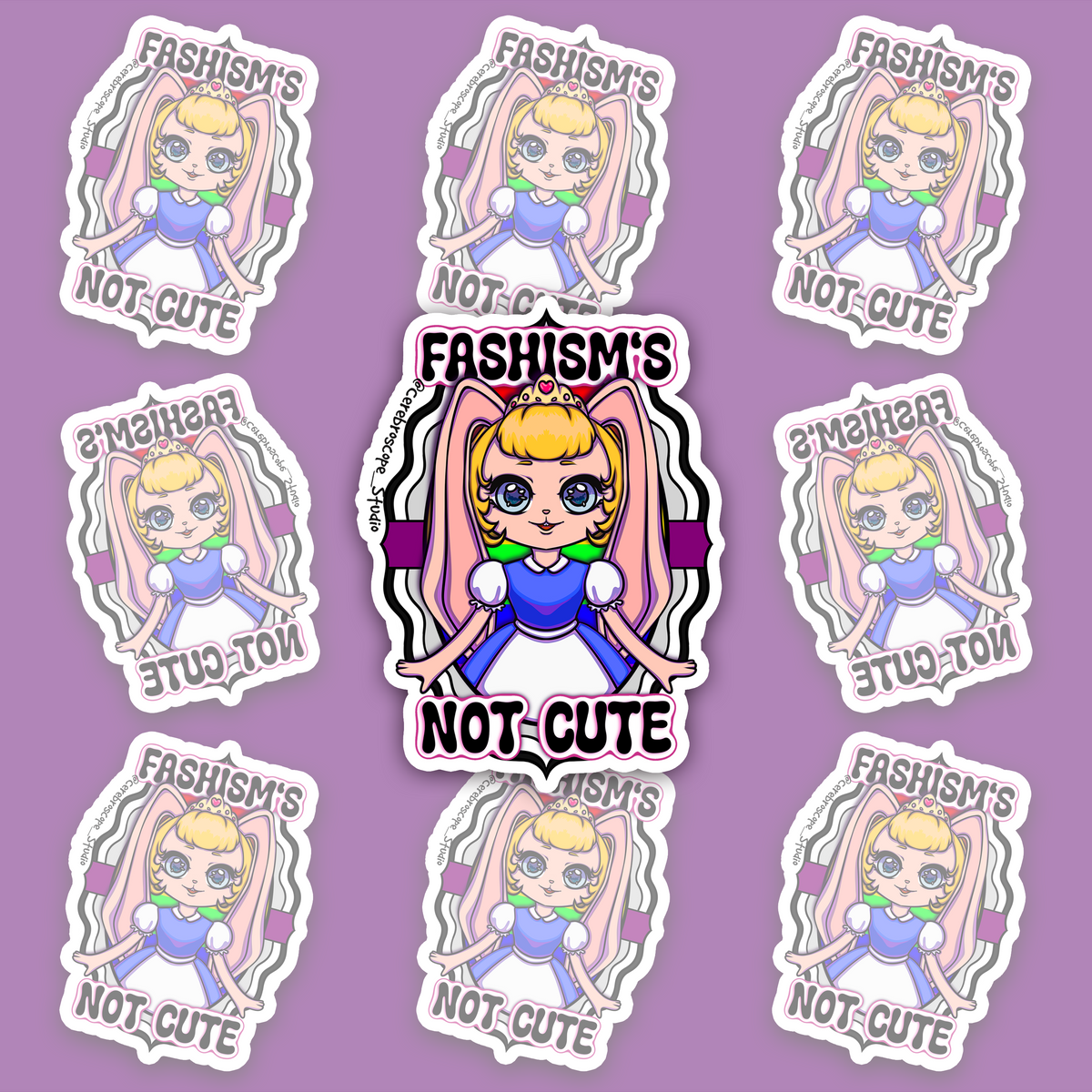 Pastel fantasy character surrounded by black and white wavy bands with a purple horizontal stripe and the words Fascism’s Not Cute.