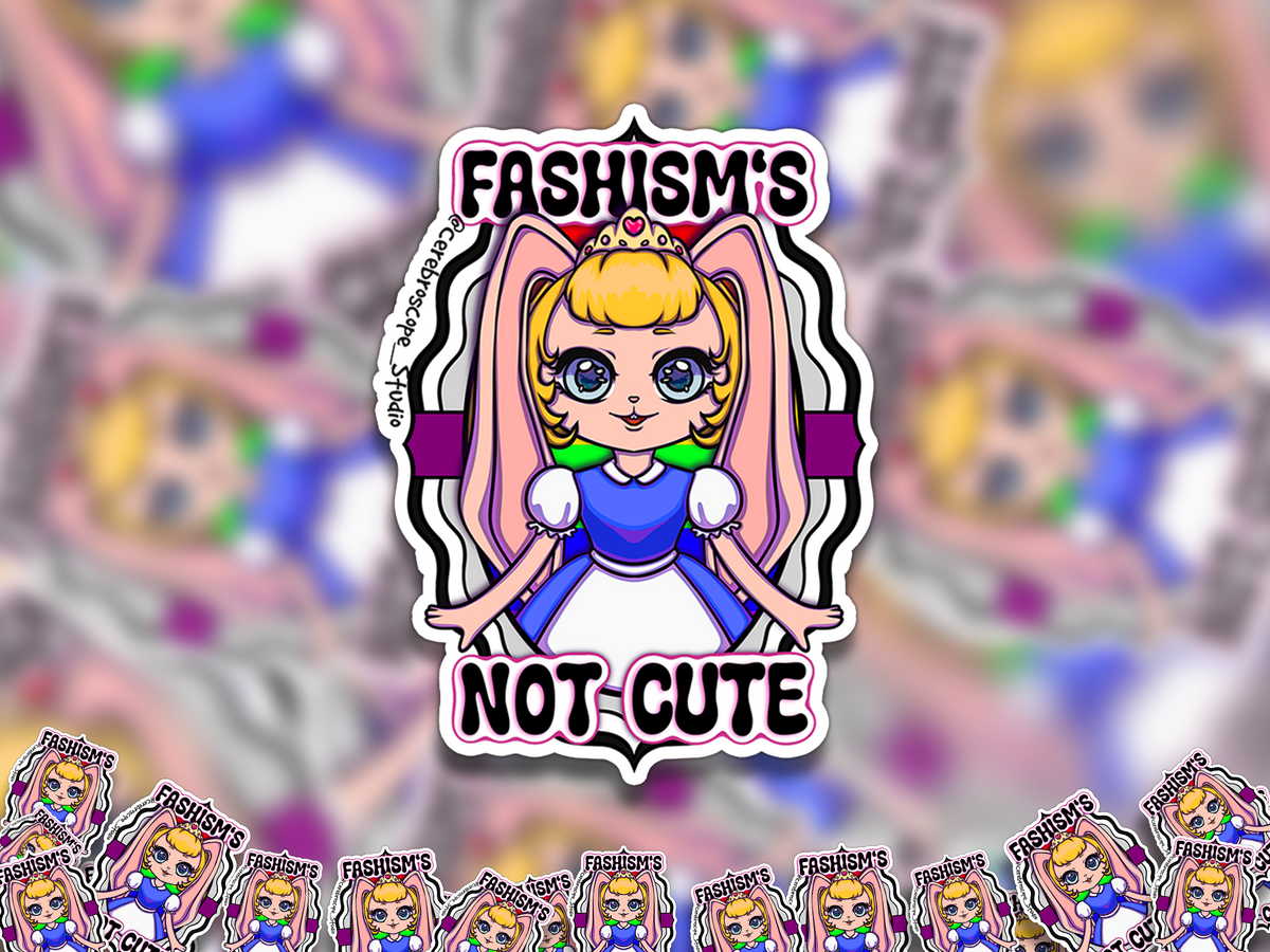 Alternate mockup 2: Pastel fantasy character surrounded by black and white wavy bands with a purple horizontal stripe and the words Fascism’s Not Cute.