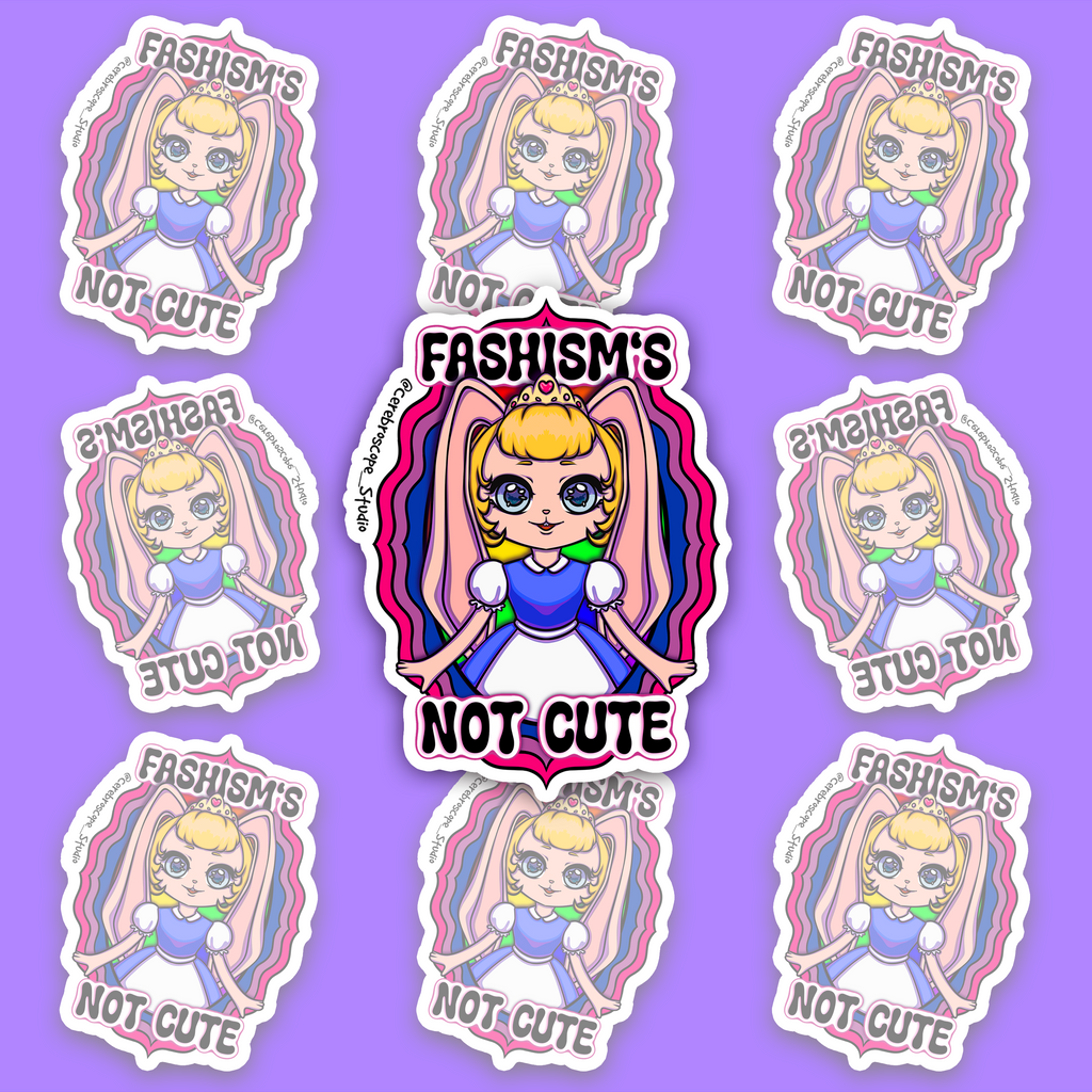 Pastel fantasy character framed by pink, purple and blue Bisexual Pride colors with the words Fascism’s Not Cute.