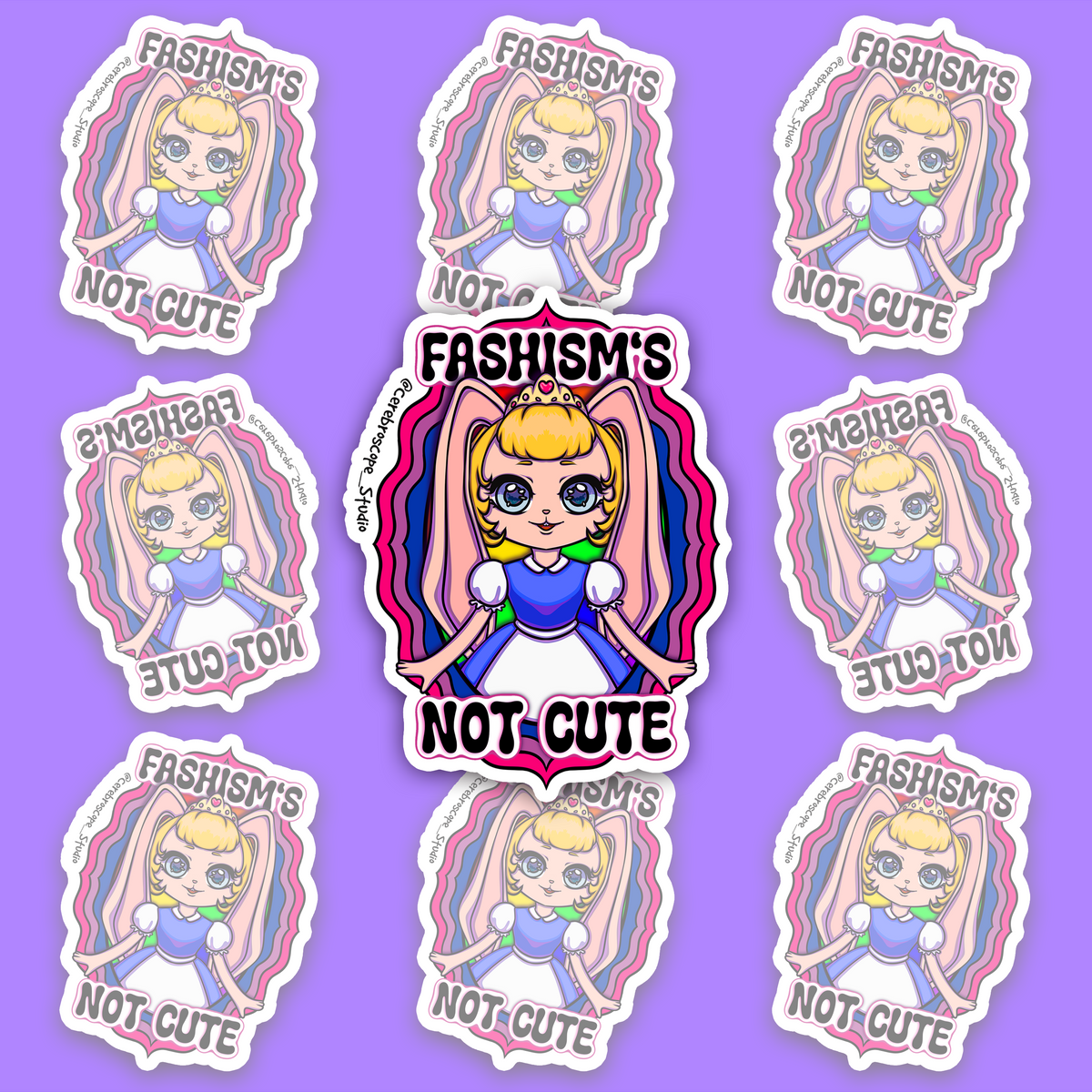 Pastel fantasy character framed by pink, purple and blue Bisexual Pride colors with the words Fascism’s Not Cute.