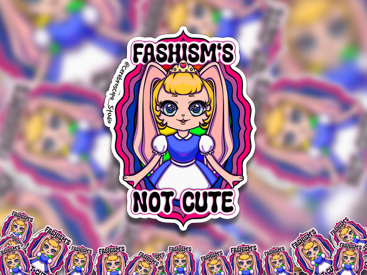 Alternate mockup 2: Pastel fantasy character framed by pink, purple and blue Bisexual Pride colors with the words Fascism’s Not Cute.