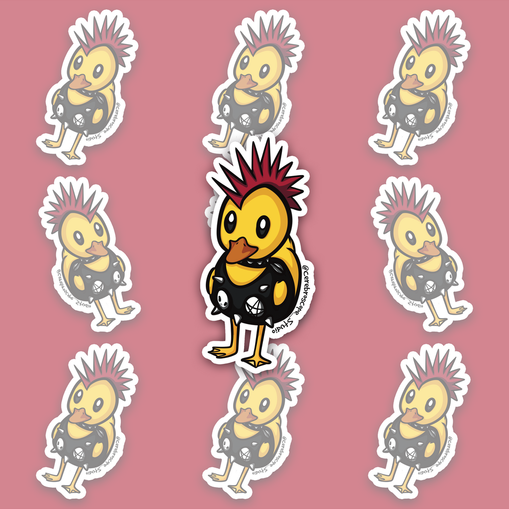 Yellow duck with a red-and-black mohawk, black punk outfit, spikes and skull and pentagram details.
