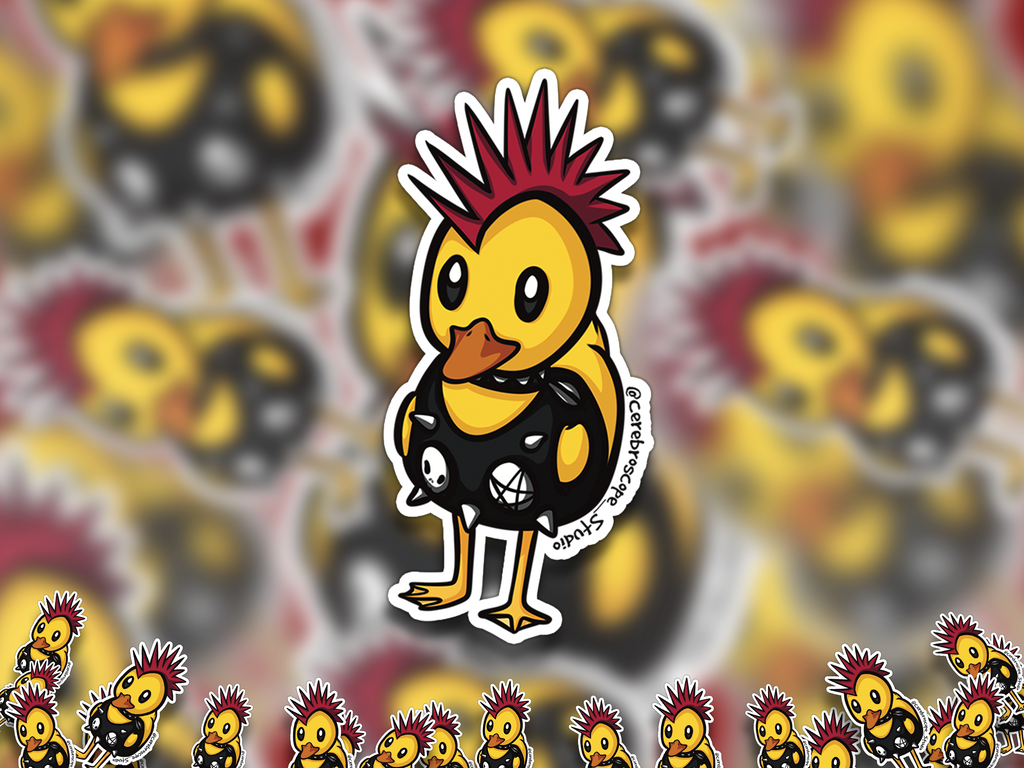Alternate mockup 2: Yellow duck with a red-and-black mohawk, black punk outfit, spikes and skull and pentagram details.