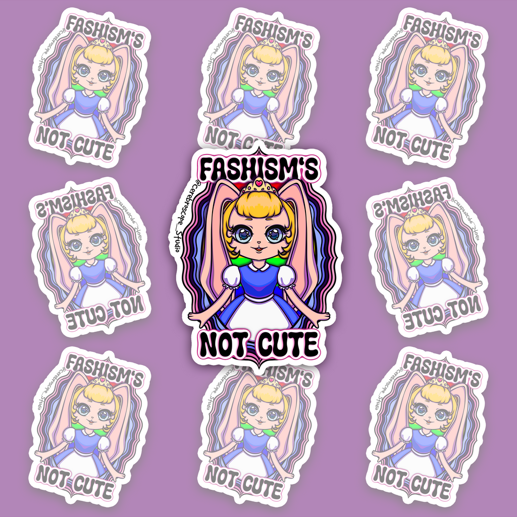 Pastel fantasy character framed by Omnisexual Pride colors with the words Fascism’s Not Cute.