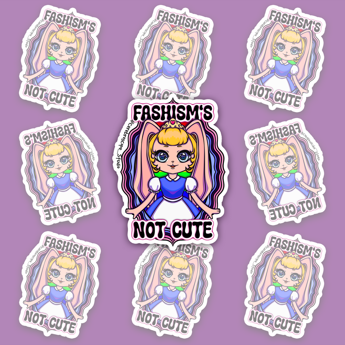 Pastel fantasy character framed by Omnisexual Pride colors with the words Fascism’s Not Cute.