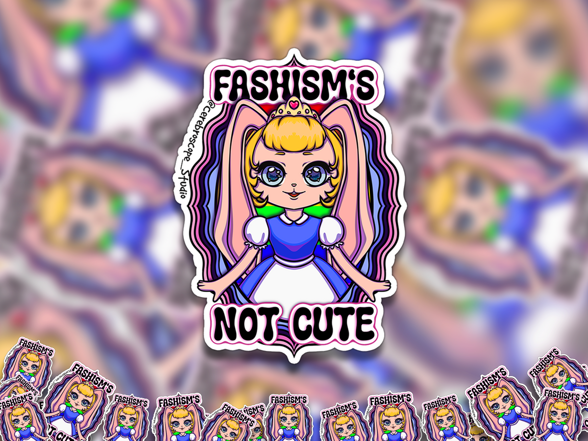Alternate mockup 2: Pastel fantasy character framed by Omnisexual Pride colors with the words Fascism’s Not Cute.