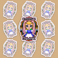 Pastel fantasy character surrounded by rainbow bands and black, brown, blue, pink and white Progress Pride colors with the words Fascism’s Not Cute.
