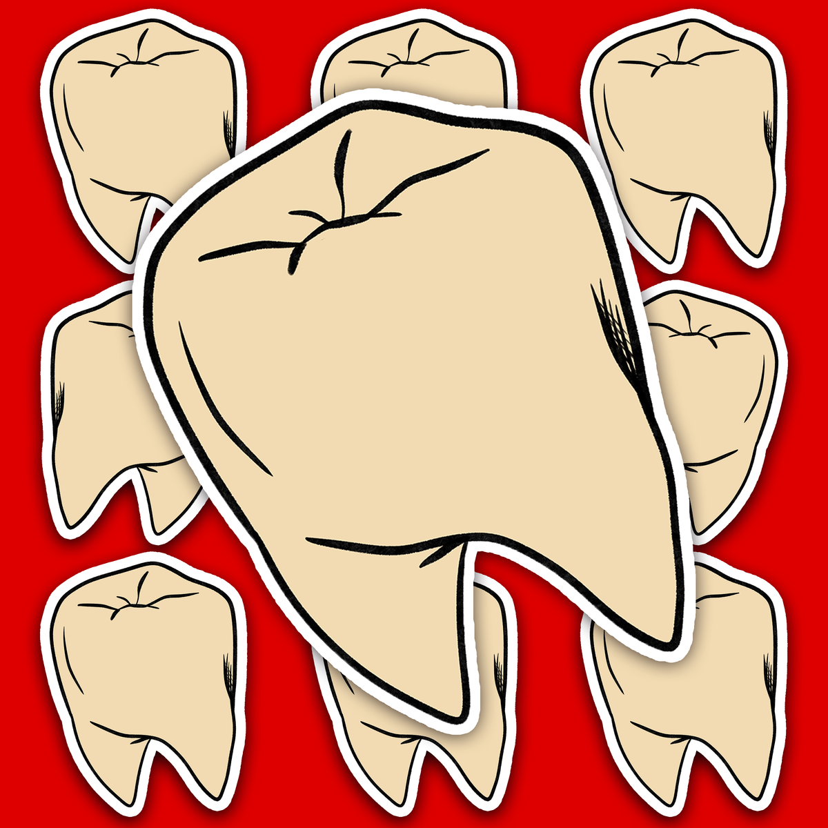 Large off-white tooth with simple black anatomical linework and a clean white sticker border.