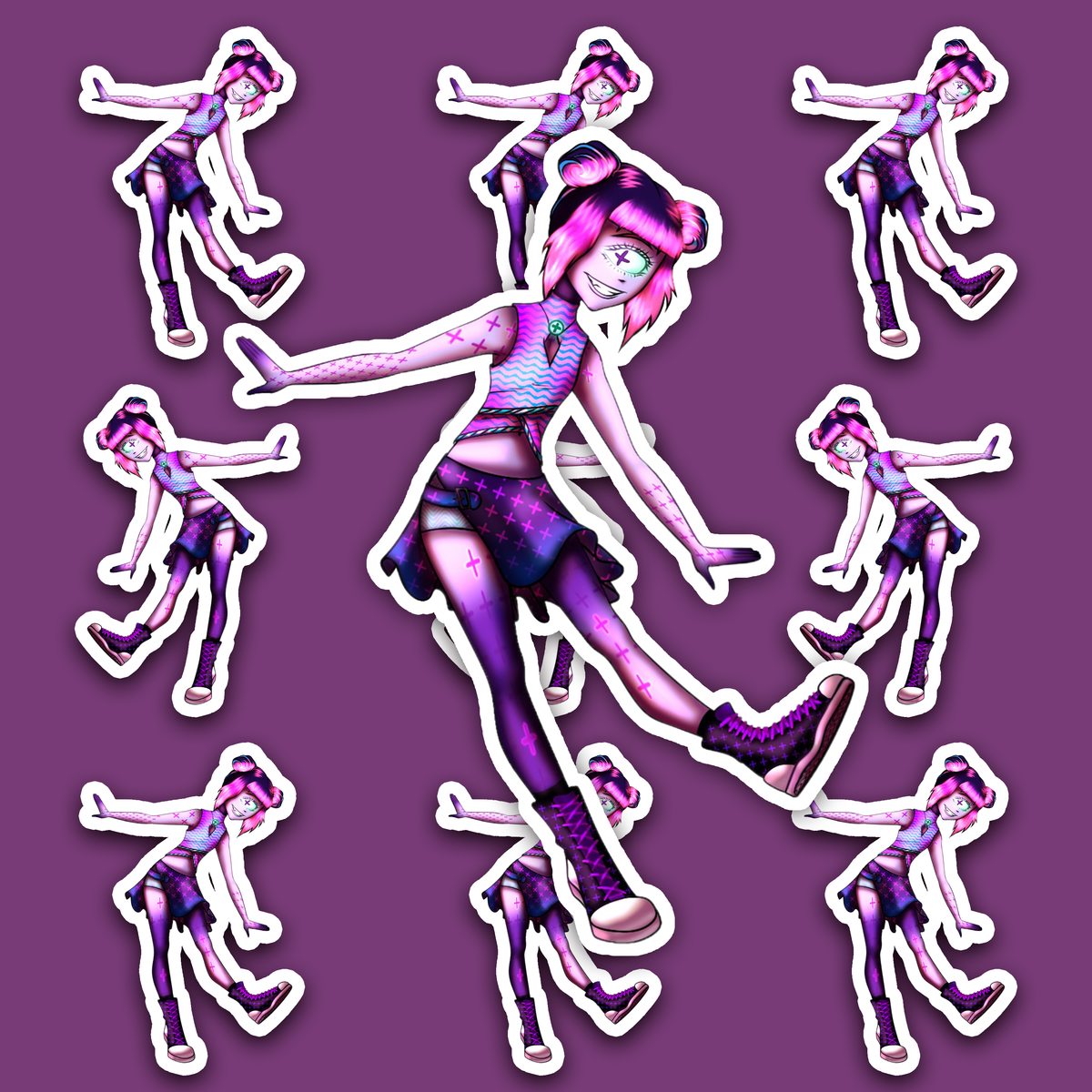 Pink-haired cyclops girl with one large central eye, striped top, dark skirt, patterned tights and purple boots.