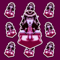 Lavender-skinned vampire woman with dark hair, pointed ears, fangs, pink eyes and ornate pink gemstone details.