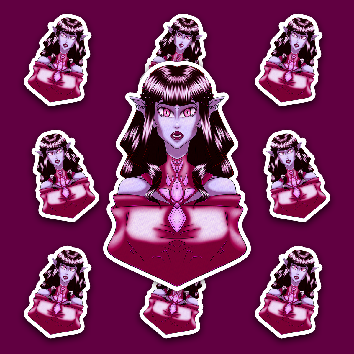 Lavender-skinned vampire woman with dark hair, pointed ears, fangs, pink eyes and ornate pink gemstone details.