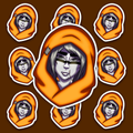 Lavender-skinned fantasy girl with silver-grey hair, an orange hood and scarf, pale patterned eyes and dark markings across the face.
