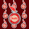 Round glass bottle filled with red liquid, medical cross symbols, a Health label and twisting red vapor rising from the neck.