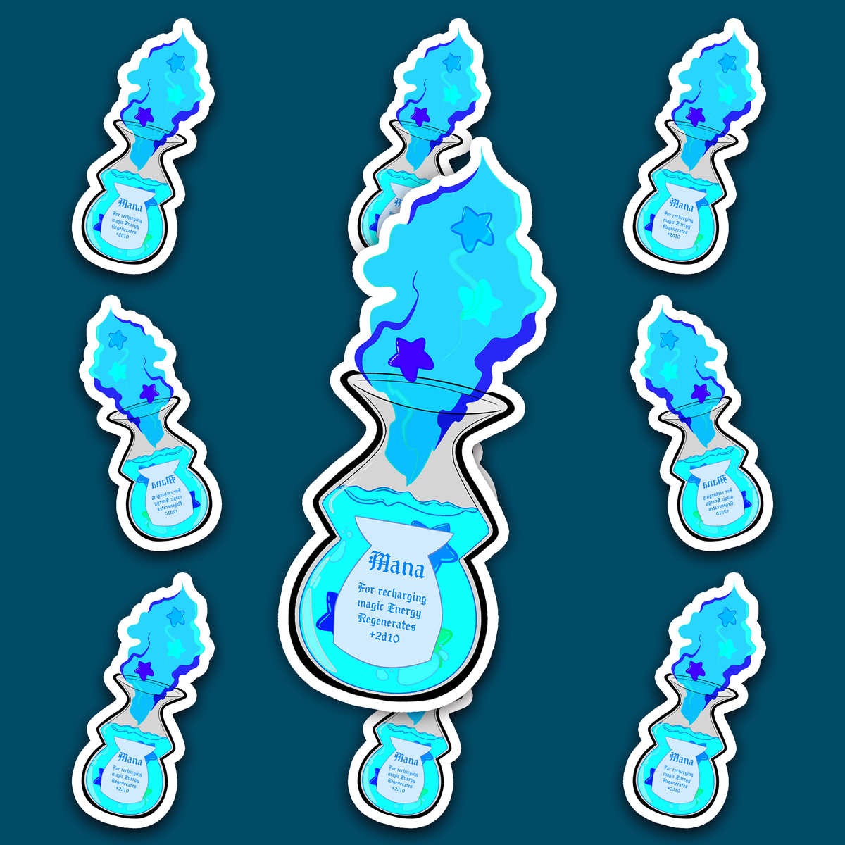Round glass bottle filled with bright blue mana potion, glowing blue magical energy and star-like shapes rising from the neck.