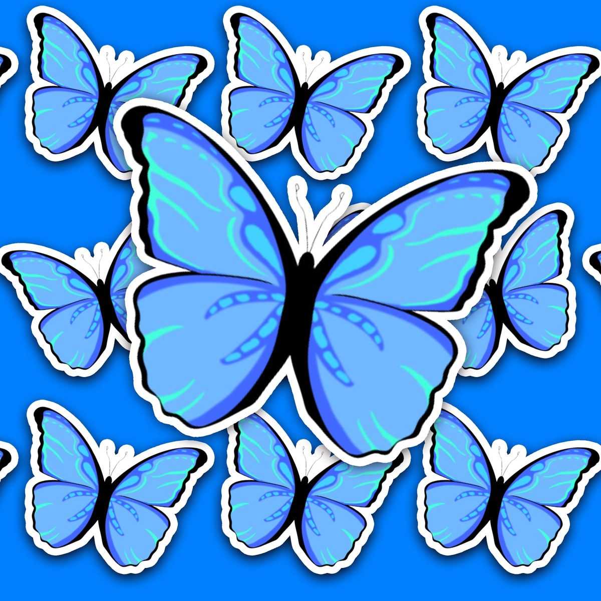 Bright blue butterfly with black body, dark wing edges and turquoise-green markings across the wings.