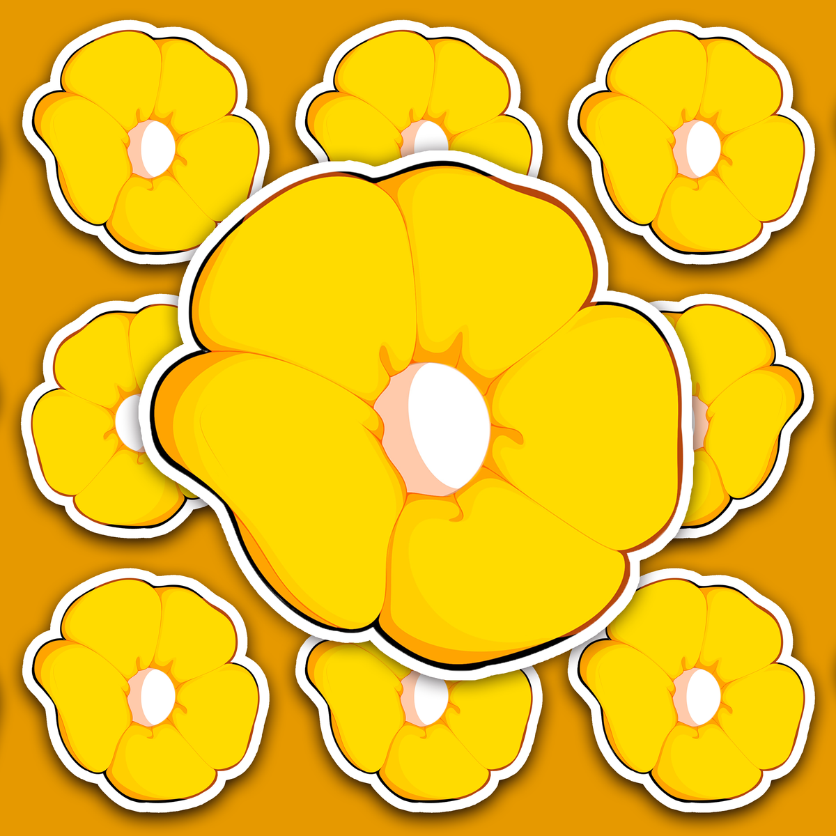 Bright golden-yellow flower with five rounded petals and warm orange shading around the pale center.
