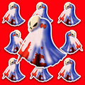 Sheet-like ghost figure with a skull mask, red spiral eyes and dark red stains across its fabric.