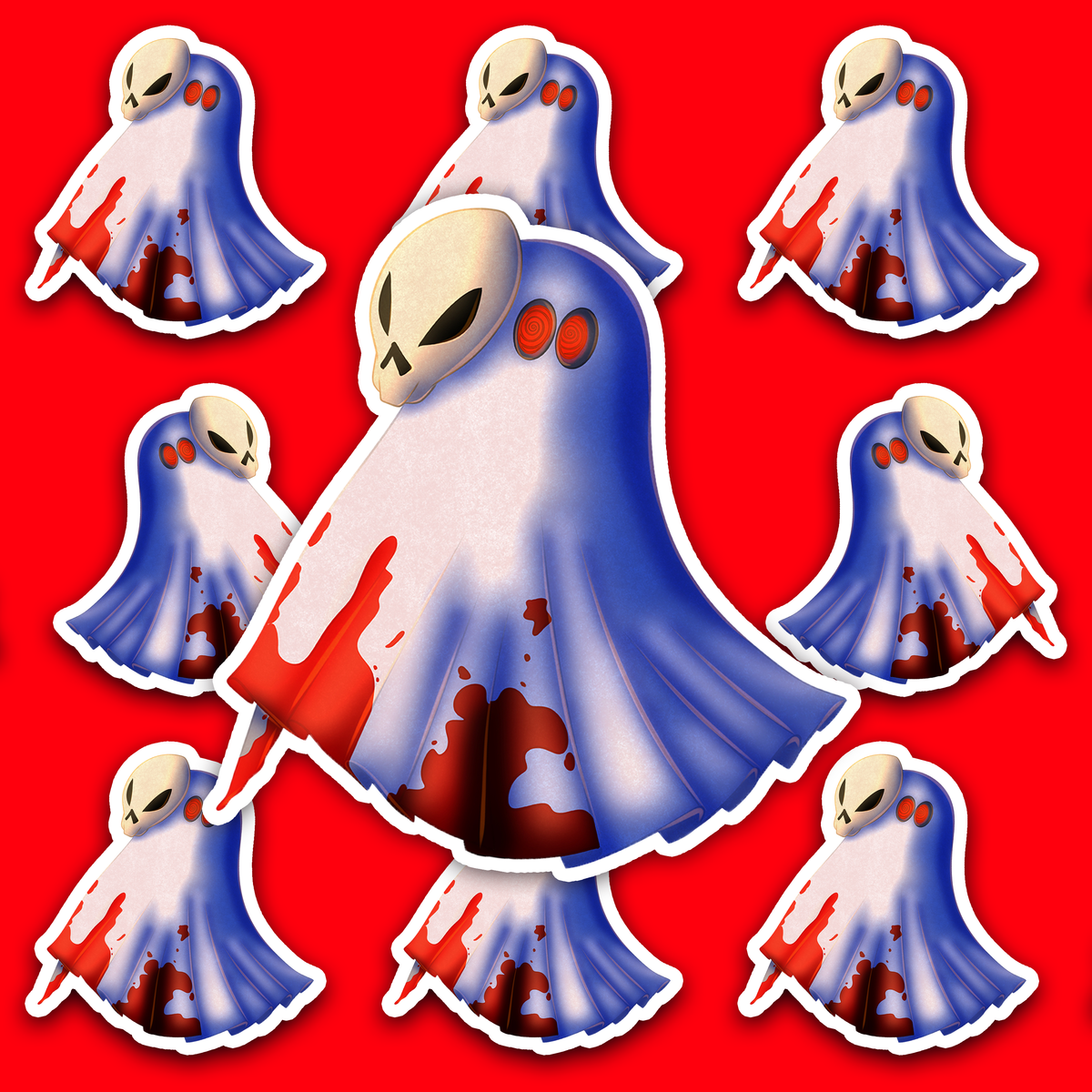 Sheet-like ghost figure with a skull mask, red spiral eyes and dark red stains across its fabric.