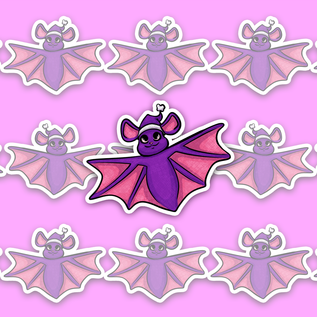 Cute round purple bat with large pink wings wearing a purple Christmas hat.
