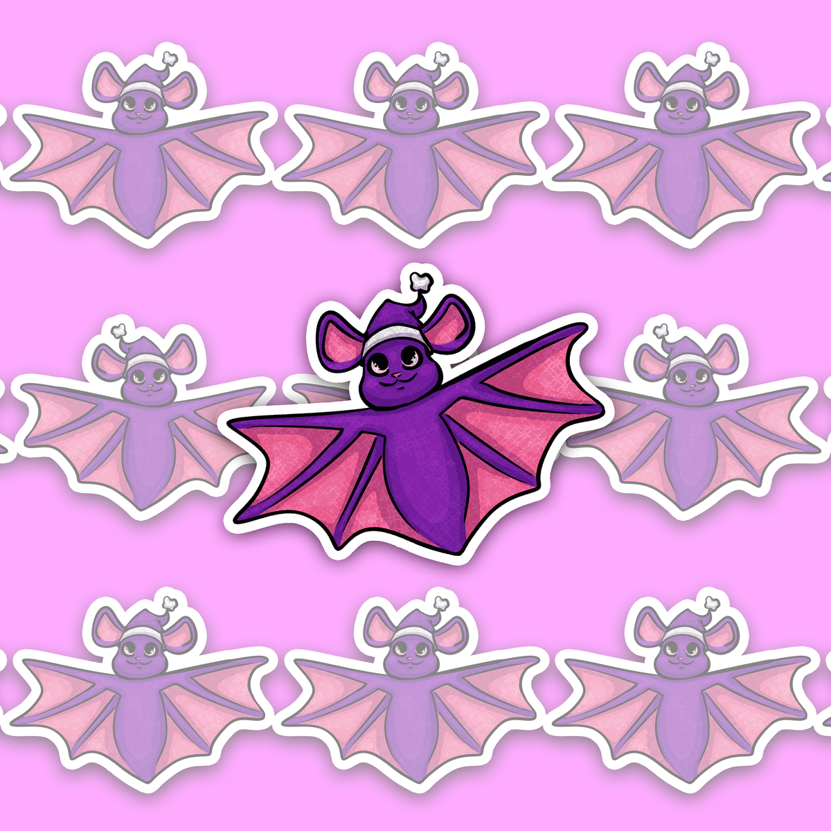 Cute round purple bat with large pink wings wearing a purple Christmas hat.
