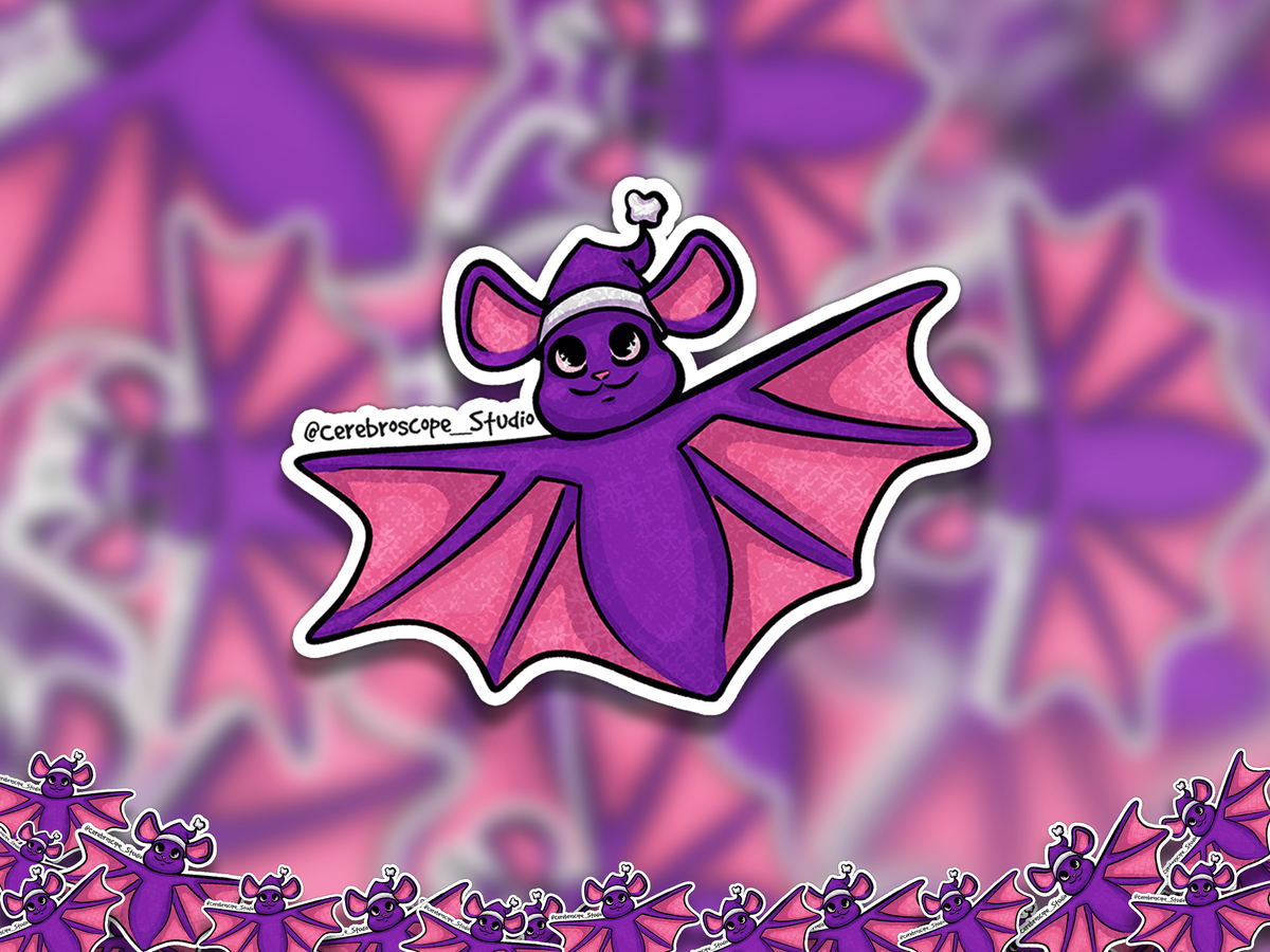 Alternate mockup 2: Cute round purple bat with large pink wings wearing a purple Christmas hat.