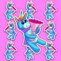Cute blue unicorn with a rainbow-colored horn carrying a large bouquet of bright pink roses.