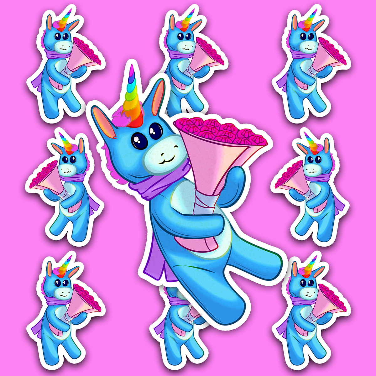 Cute blue unicorn with a rainbow-colored horn carrying a large bouquet of bright pink roses.