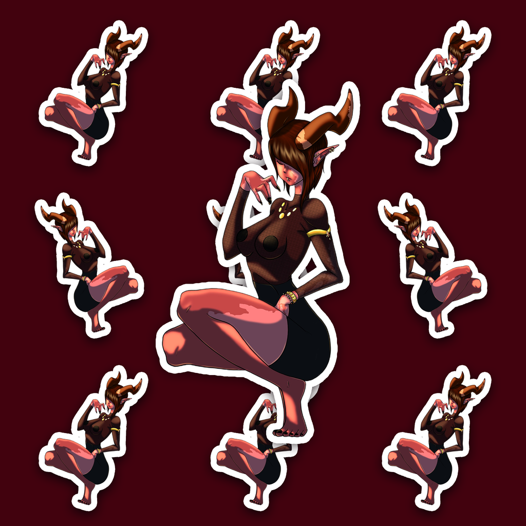 Horned Tiefling character with reddish skin, pointed ears, brown hair and dark clothing.