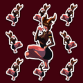 Horned Tiefling character with reddish skin, pointed ears, brown hair and dark clothing.