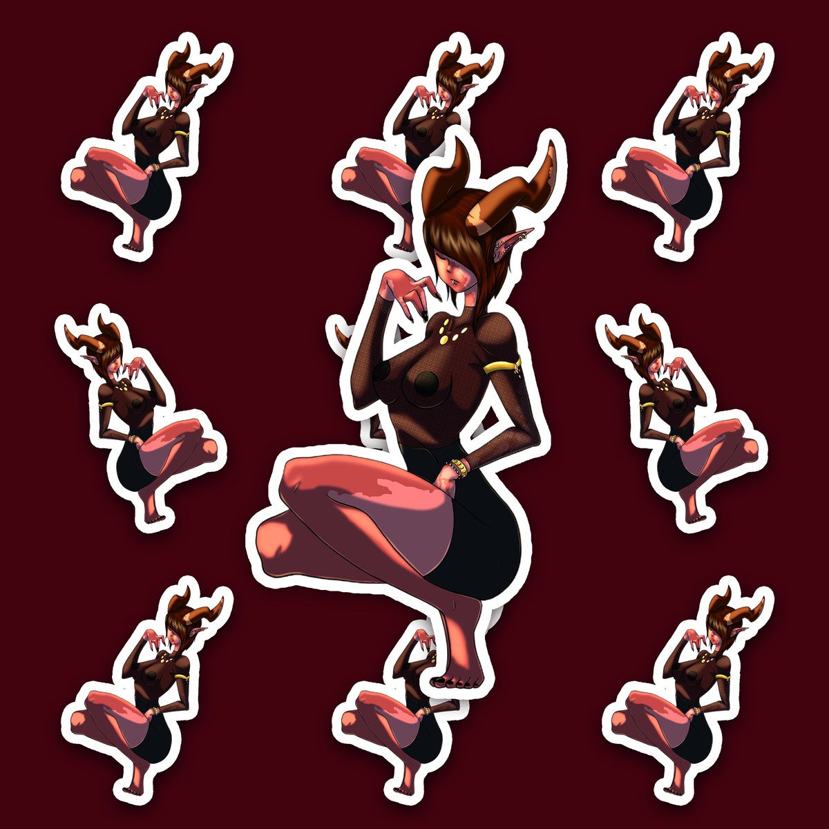 Horned Tiefling character with reddish skin, pointed ears, brown hair and dark clothing.