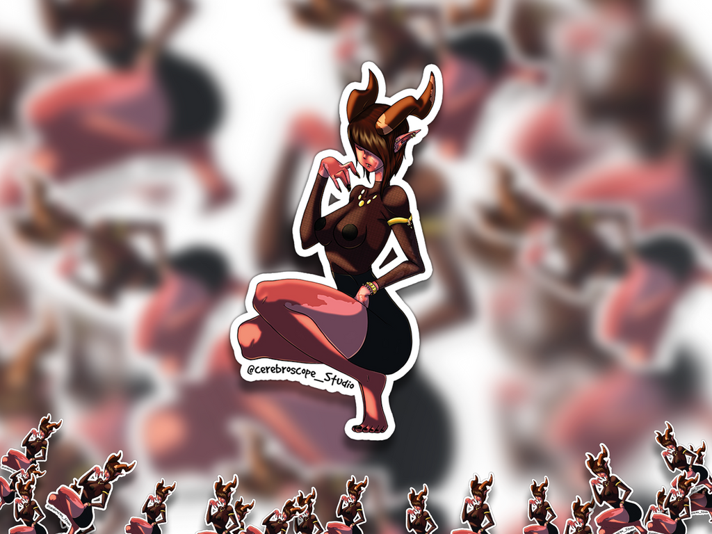 Alternate mockup 2: Horned Tiefling character with reddish skin, pointed ears, brown hair and dark clothing.