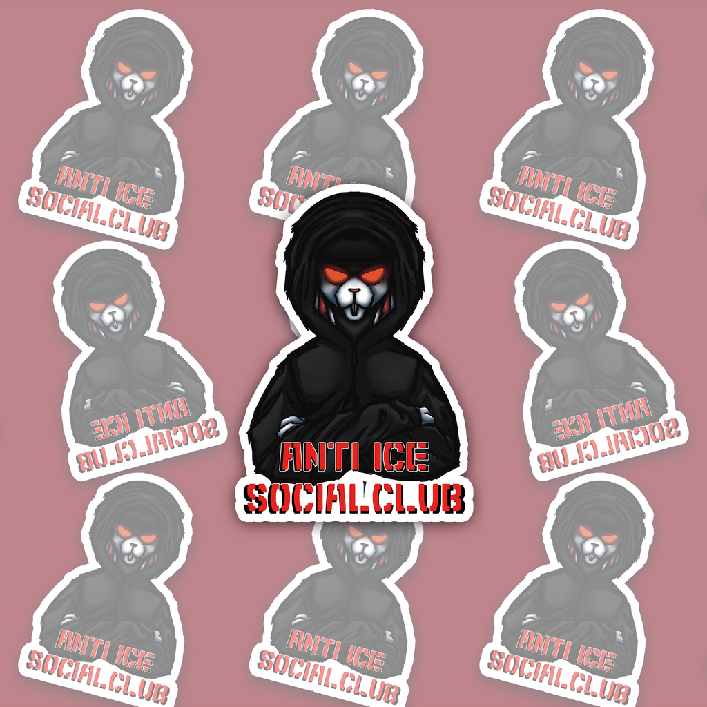 Dark hooded rabbit-like character with crossed arms, glowing orange-red eyes and AN'TI ICE SOCIAL CLUB text.
