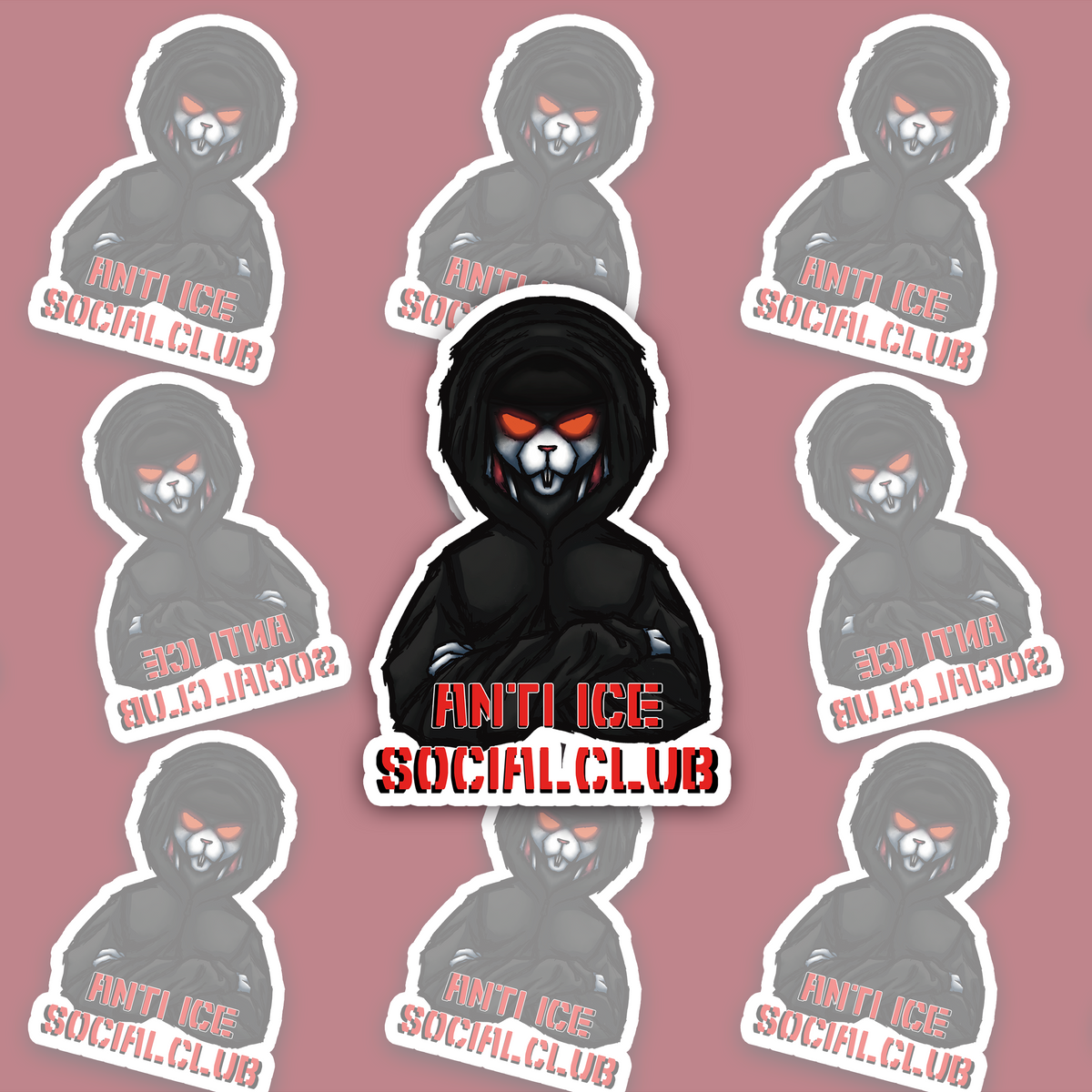 Dark hooded rabbit-like character with crossed arms, glowing orange-red eyes and AN'TI ICE SOCIAL CLUB text.