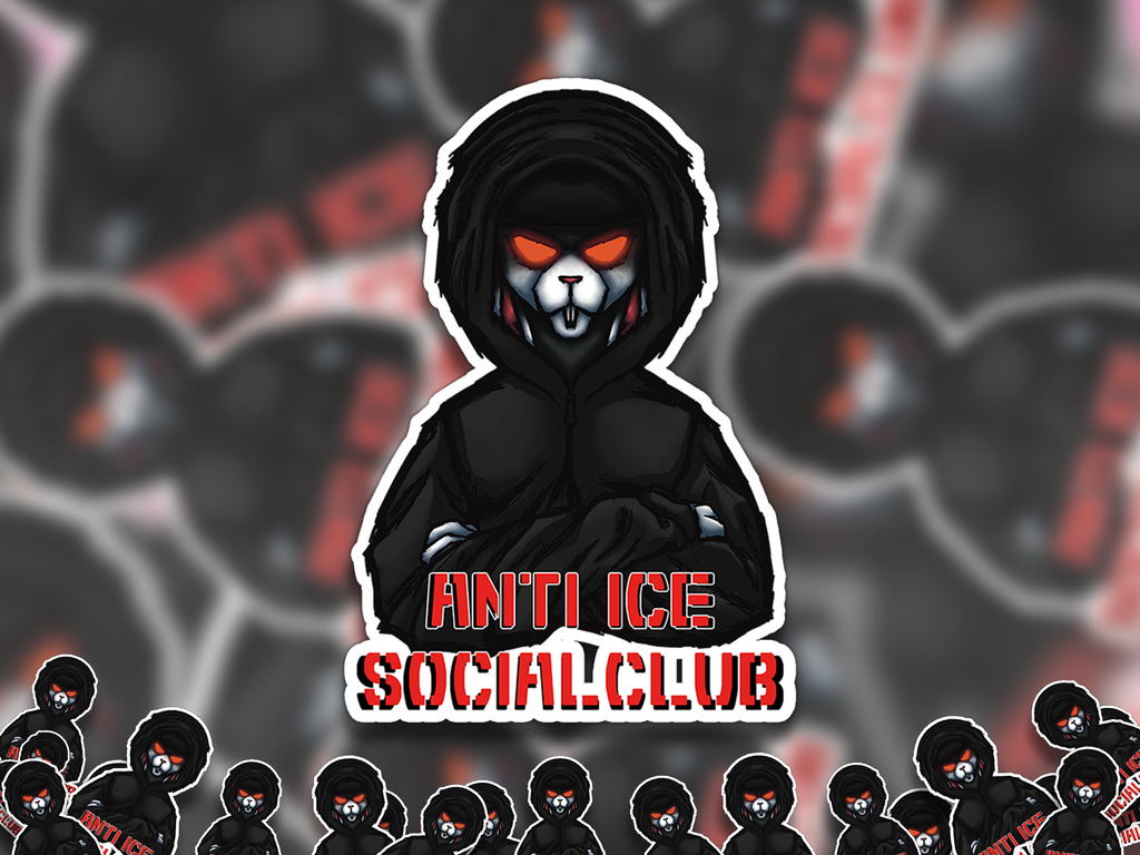 Alternate mockup 2: Dark hooded rabbit-like character with crossed arms, glowing orange-red eyes and AN'TI ICE SOCIAL CLUB text.