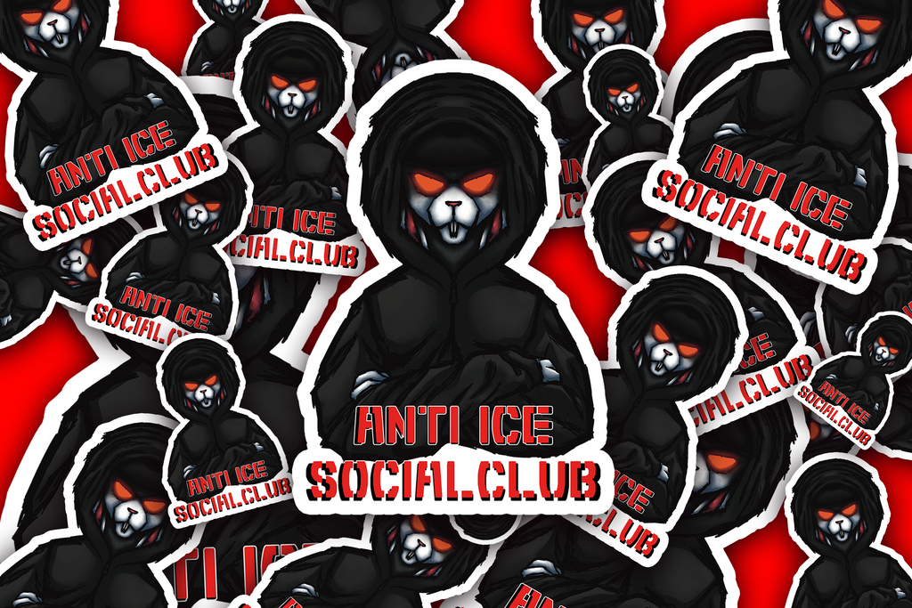 Alternate mockup 3: Dark hooded rabbit-like character with crossed arms, glowing orange-red eyes and AN'TI ICE SOCIAL CLUB text.