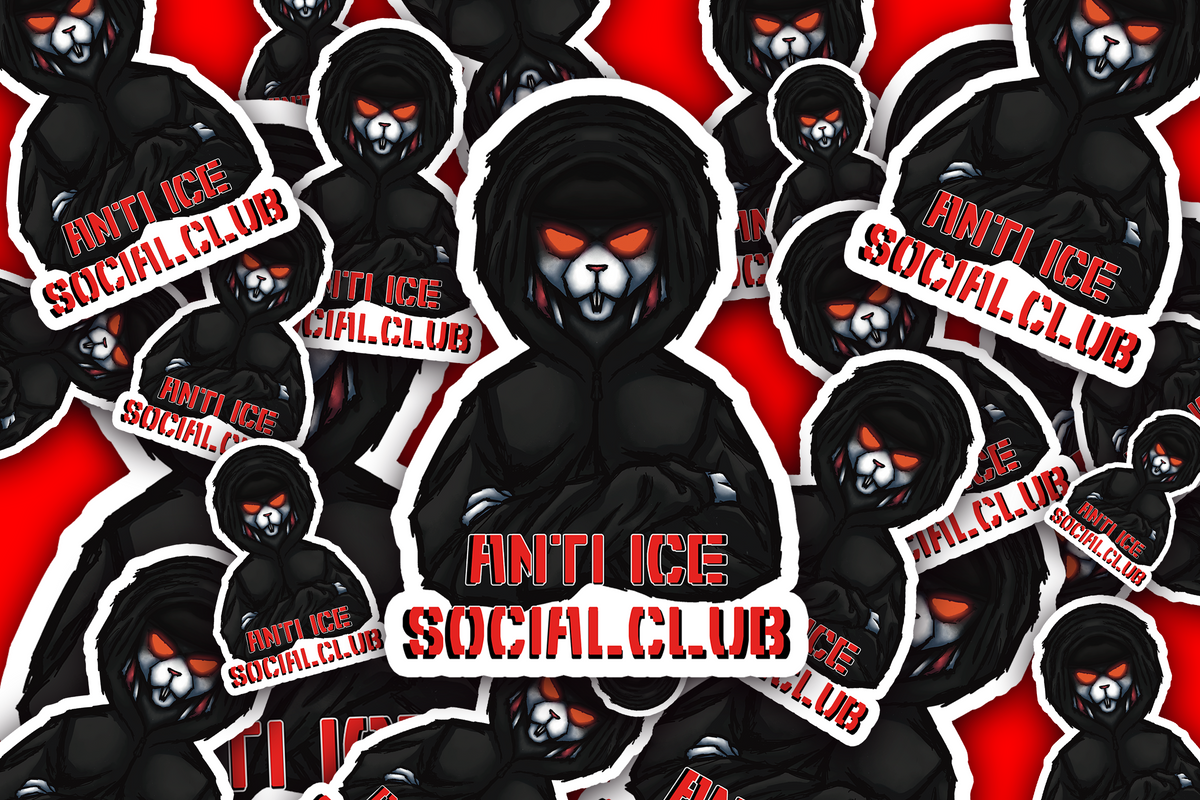 Alternate mockup 3: Dark hooded rabbit-like character with crossed arms, glowing orange-red eyes and AN'TI ICE SOCIAL CLUB text.