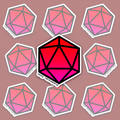 Red and hot-pink twenty-sided die with bold black geometric edges.