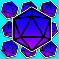 Blue and purple twenty-sided die with thick black edges and geometric facet lines.