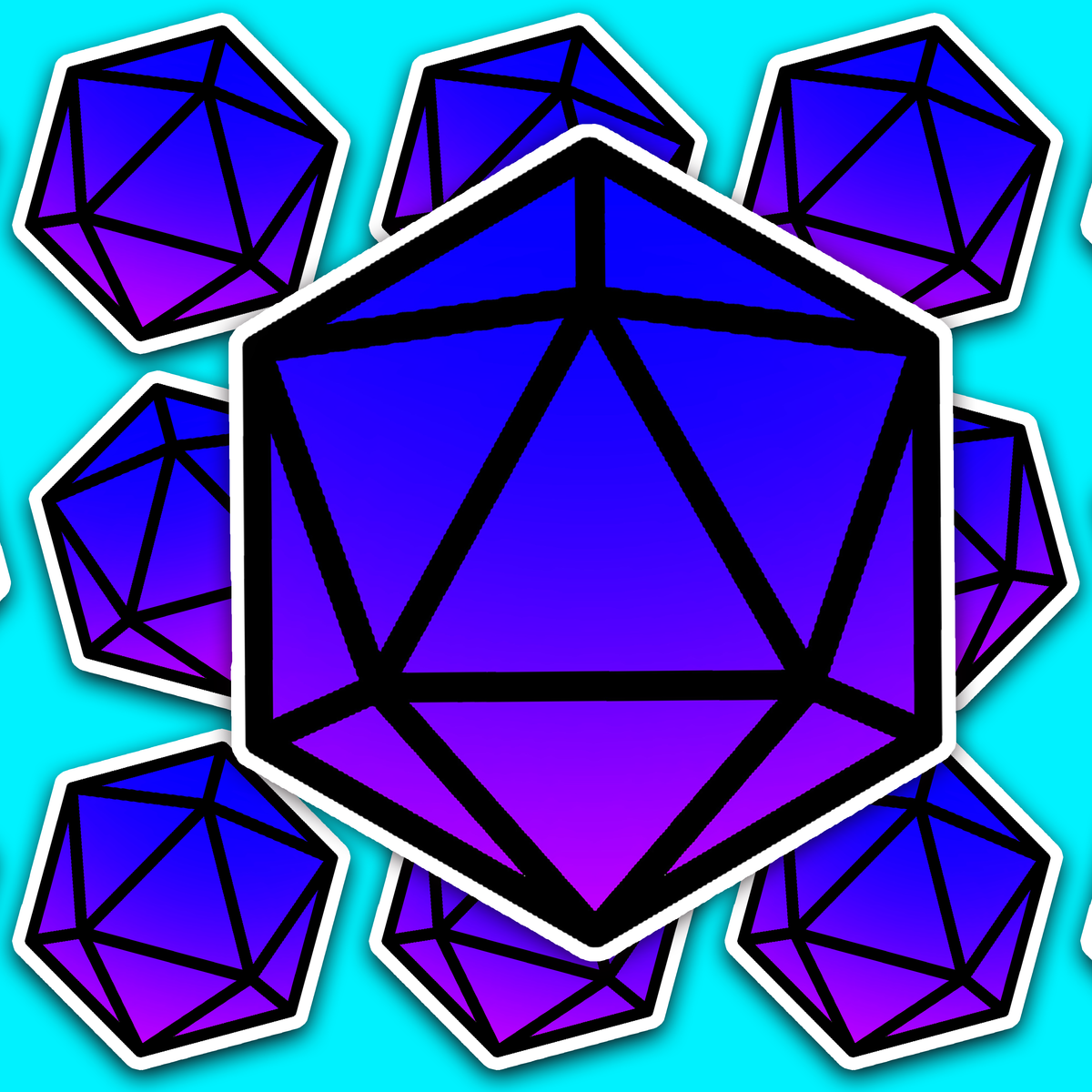 Blue and purple twenty-sided die with thick black edges and geometric facet lines.