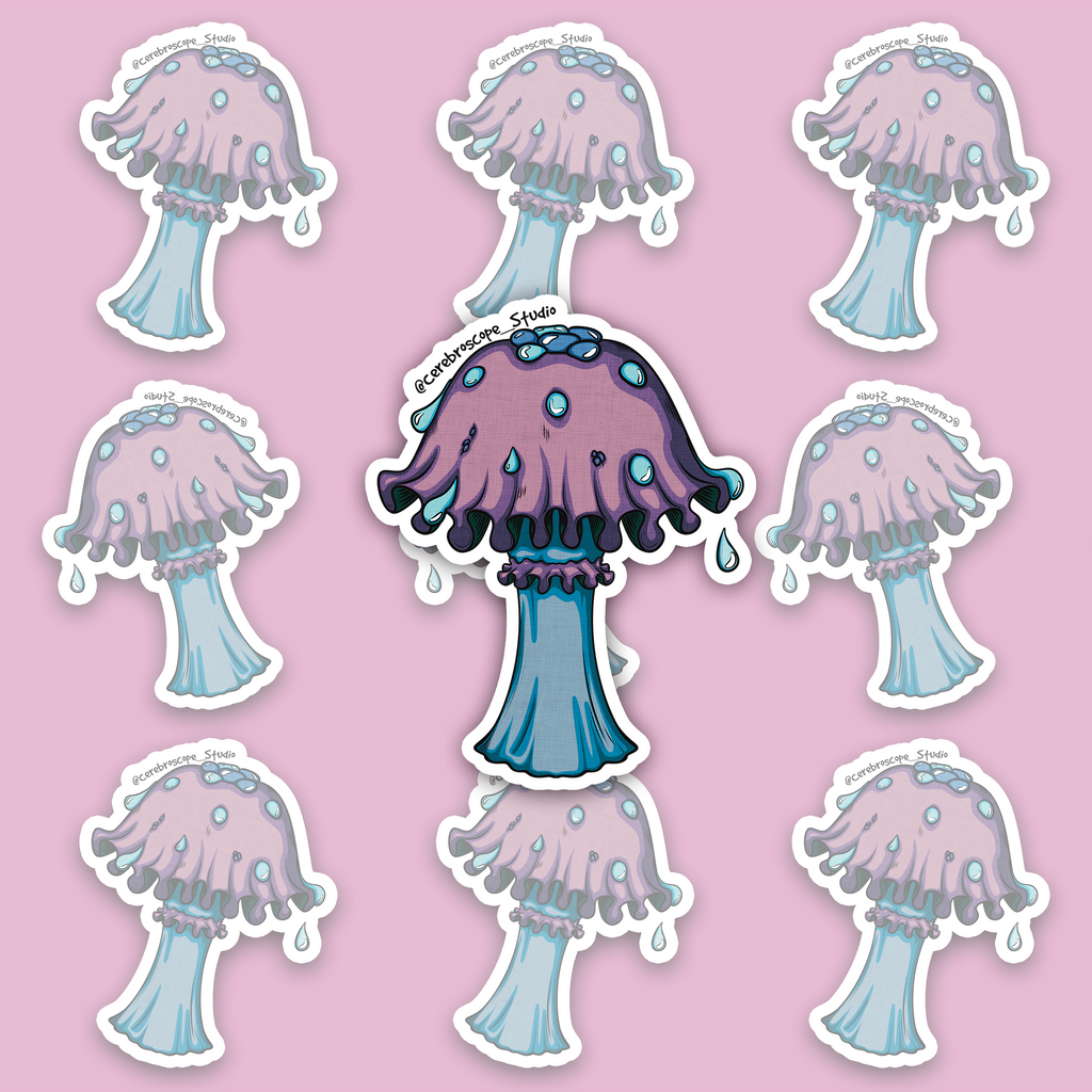 Purple dripping mushroom sticker with bright blue droplets