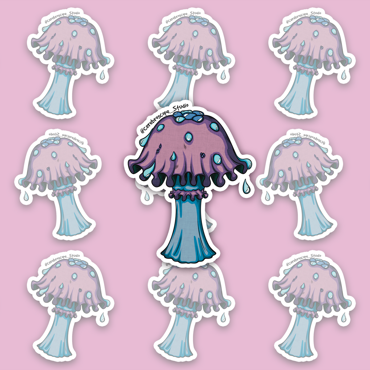 Purple dripping mushroom sticker with bright blue droplets