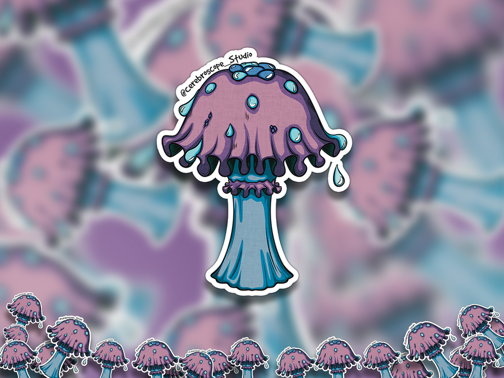 Alternate mockup 2: Purple dripping mushroom sticker with bright blue droplets