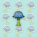 Blue mushroom with a bright green stalk, dark gills and multiple green droplets dripping from the cap.