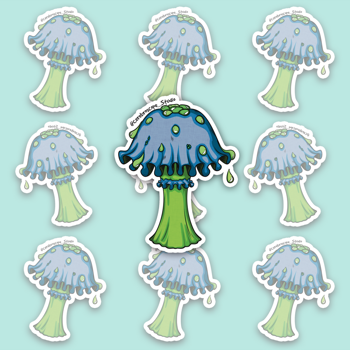 Blue mushroom with a bright green stalk, dark gills and multiple green droplets dripping from the cap.
