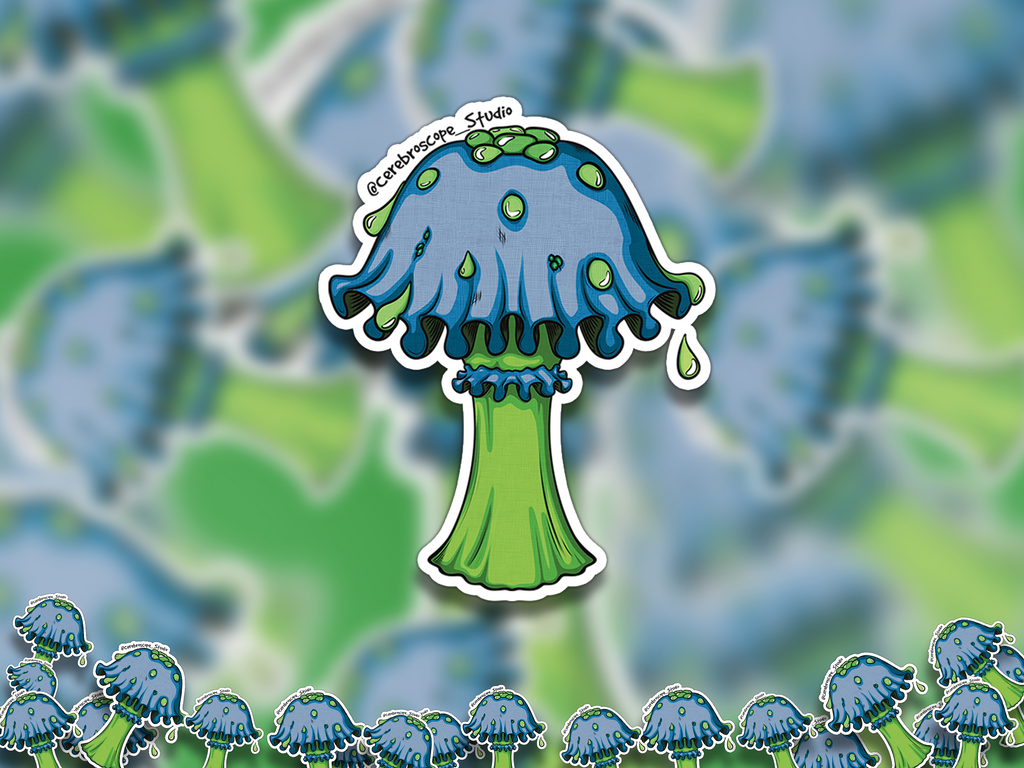 Alternate mockup 2: Blue mushroom with a bright green stalk, dark gills and multiple green droplets dripping from the cap.