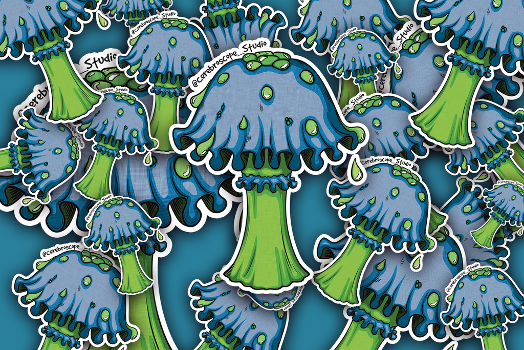 Alternate mockup 3: Blue mushroom with a bright green stalk, dark gills and multiple green droplets dripping from the cap.